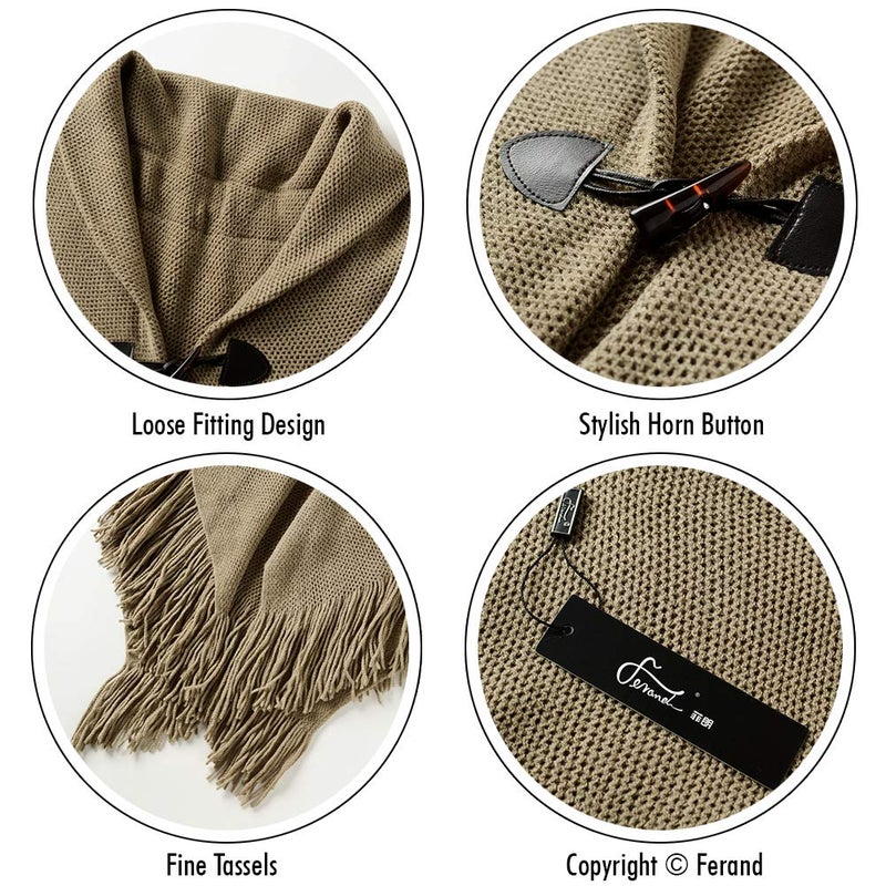 Ferand Shawl Wraps for Women â€“ Toggle Closure, Elegant Fringe Shawl for Travel, Work, or Casual Outfits, Perfect for Fall Layering, Khaki - Image 4